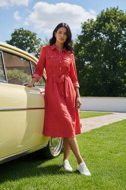 Jones New York Signature Red Polka Dot Non-Iron Belted Shirt Dress, Size M